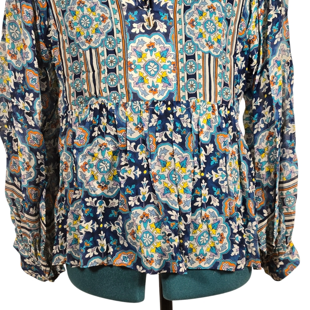 Shoshanna Silvano Blouse Blue White Printed Top Semi Sheer Size XS - Picture 6 of 11